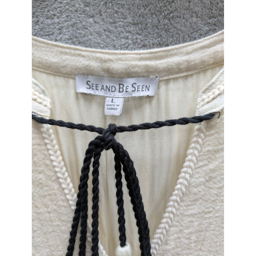 Boho Midi Dress Womens Large Linen Blend Tiered Embroidered Cream Peasant - Picture 2 of 7